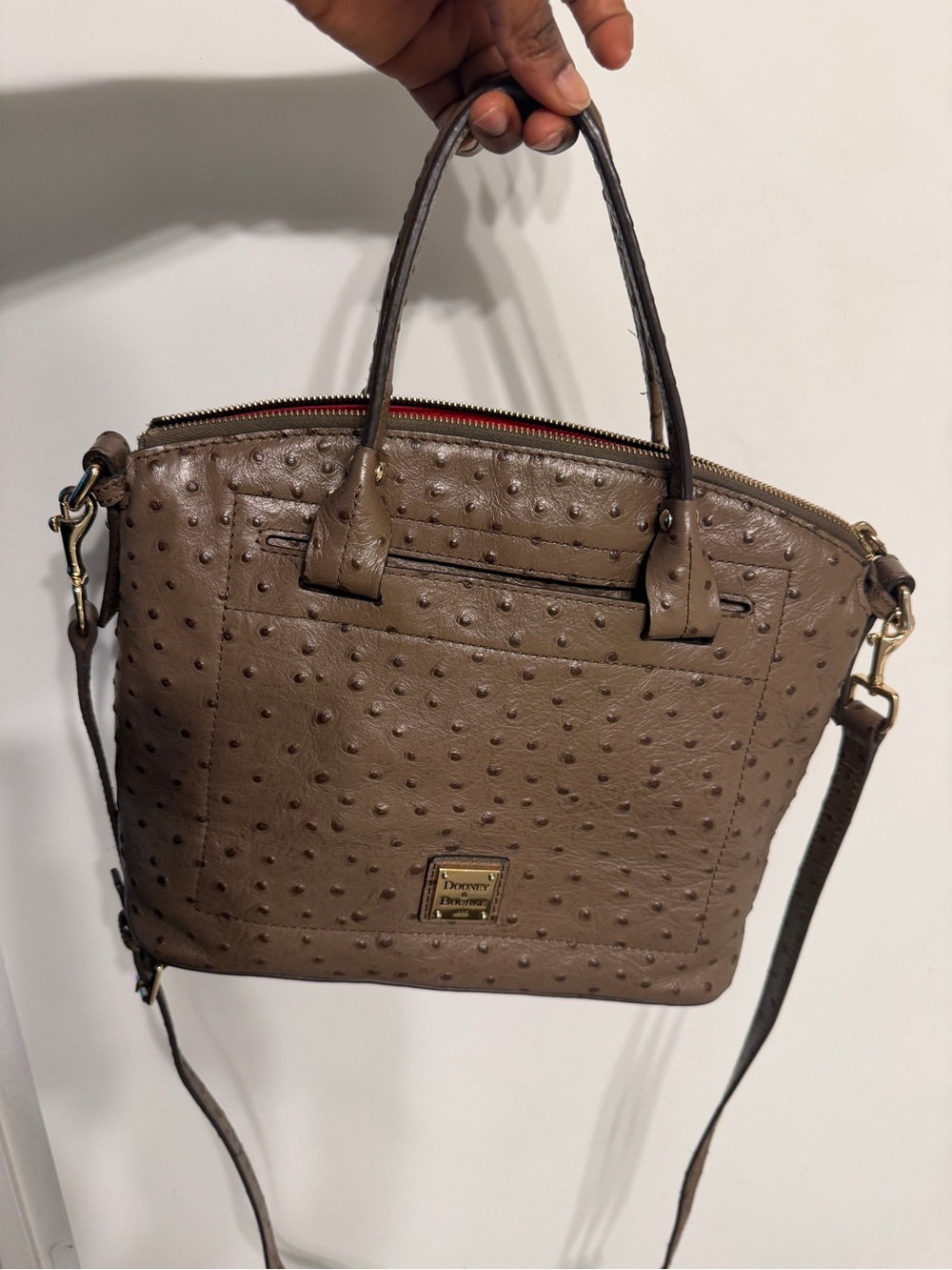 Dooney & Bourke Taupe Ostrich-Texture Satchel with Gold Hardware